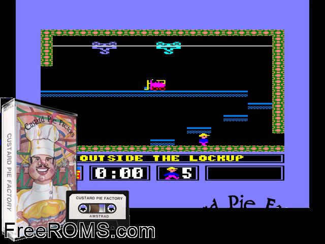 Custard Pie Factory (UK) (1985) [t1] Amstrad CPC game showing 3D box cover and gameplay screenshot